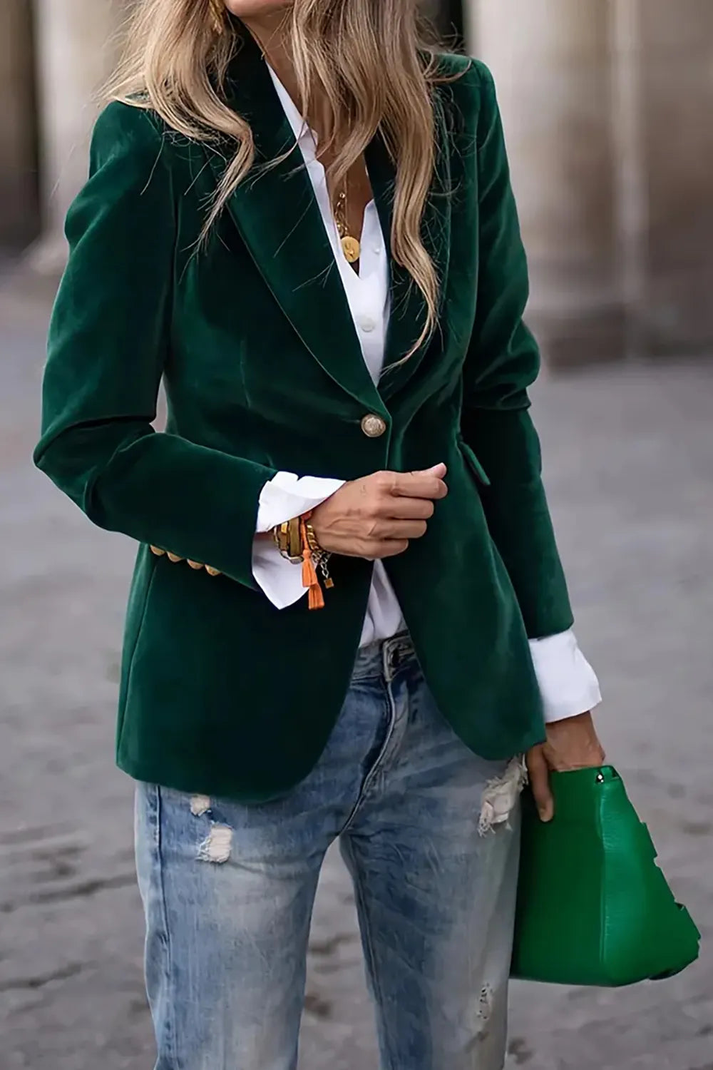 Woman wearing one button blazer