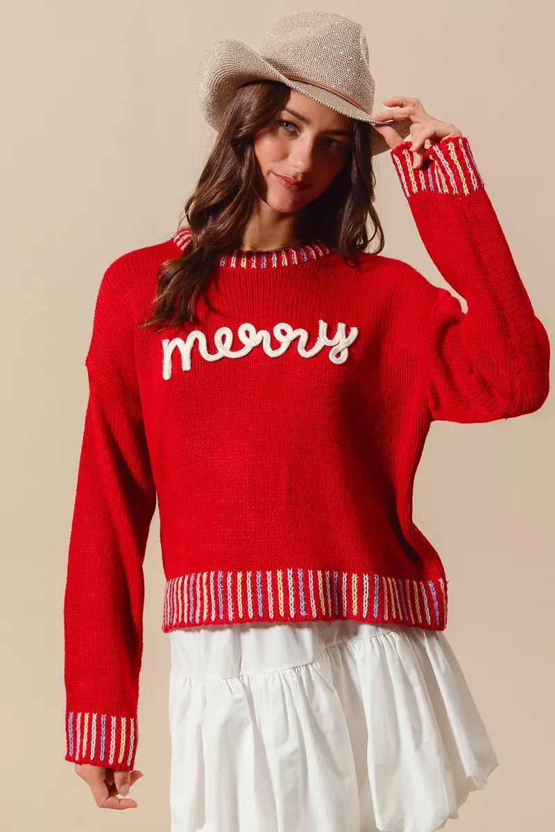 Folded Merry Christmas embroidered sweater for display