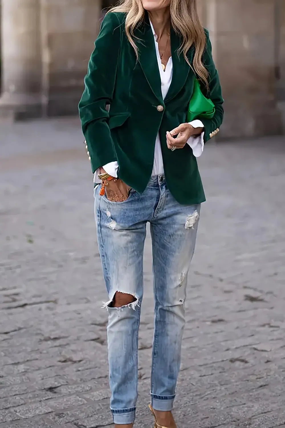 Woman wearing one button blazer