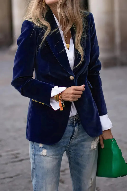 Woman wearing one button blazer 